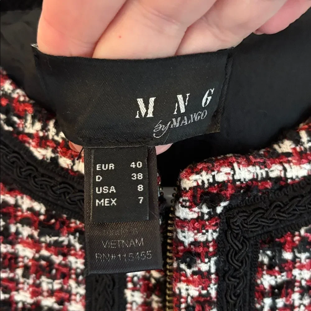 Mango Tweed cropped boxy Black red white full zip Blazer suit jacket women 8 EUC